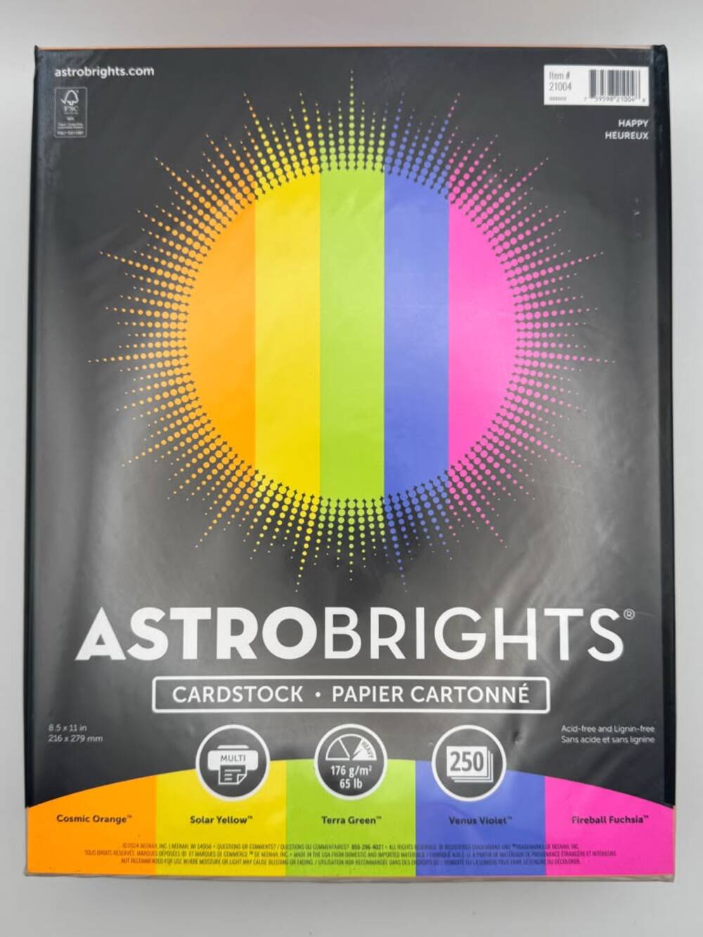 Astrobrights Happy Cardstock 8.5x11 65 lb 250 Sheets 5 Assorted Colors 21004 New